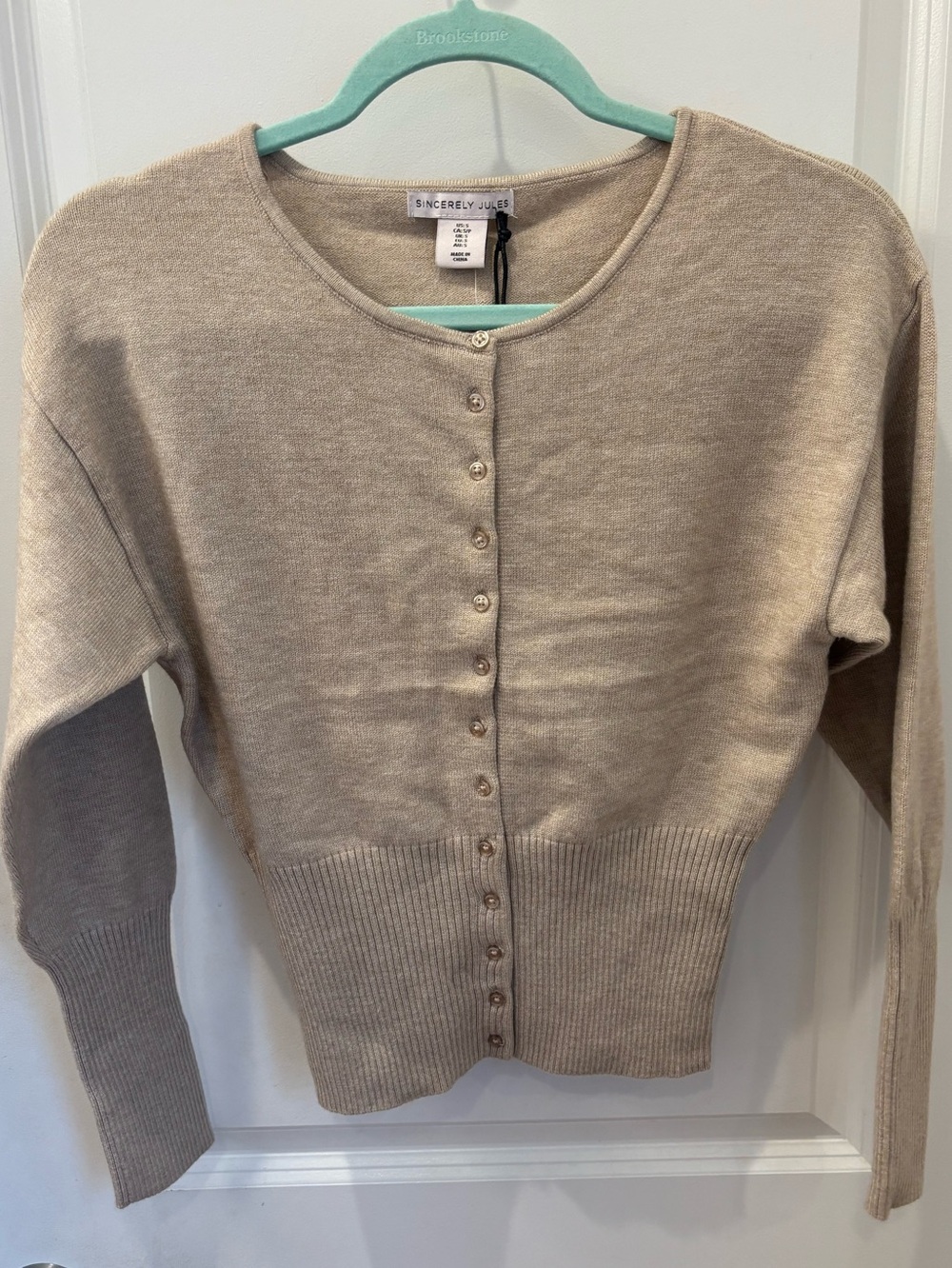 NWT Sincerly Jules Oatmeal Taupe Button-Front Crewneck Sweater- S